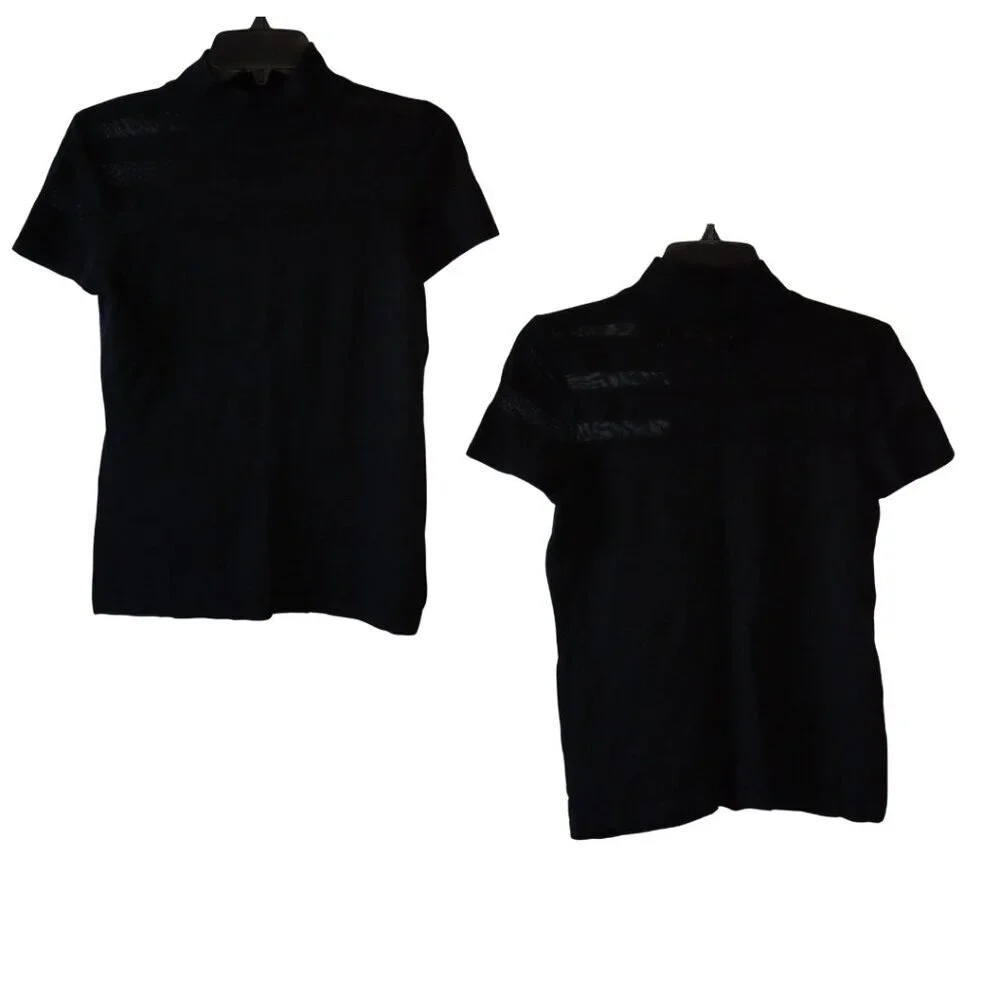 Carmen Marc Valvo, Short Sleeve‎ Mock Neck Sheer Knit Top, Black - Picture 2 of 5